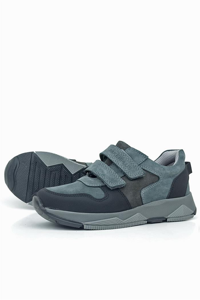 Rakerplus Hakiki Deri Koyu Gri Siyah Çocuk Cırtlı Sneakers Spor Ayakkabı