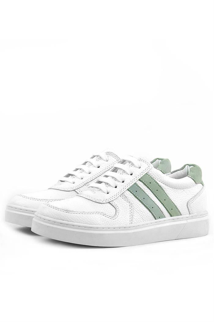 Rakerplus Hakiki Deri Beyaz Yeşil Bağcıklı Fermuarlı Çocuk Sneaker