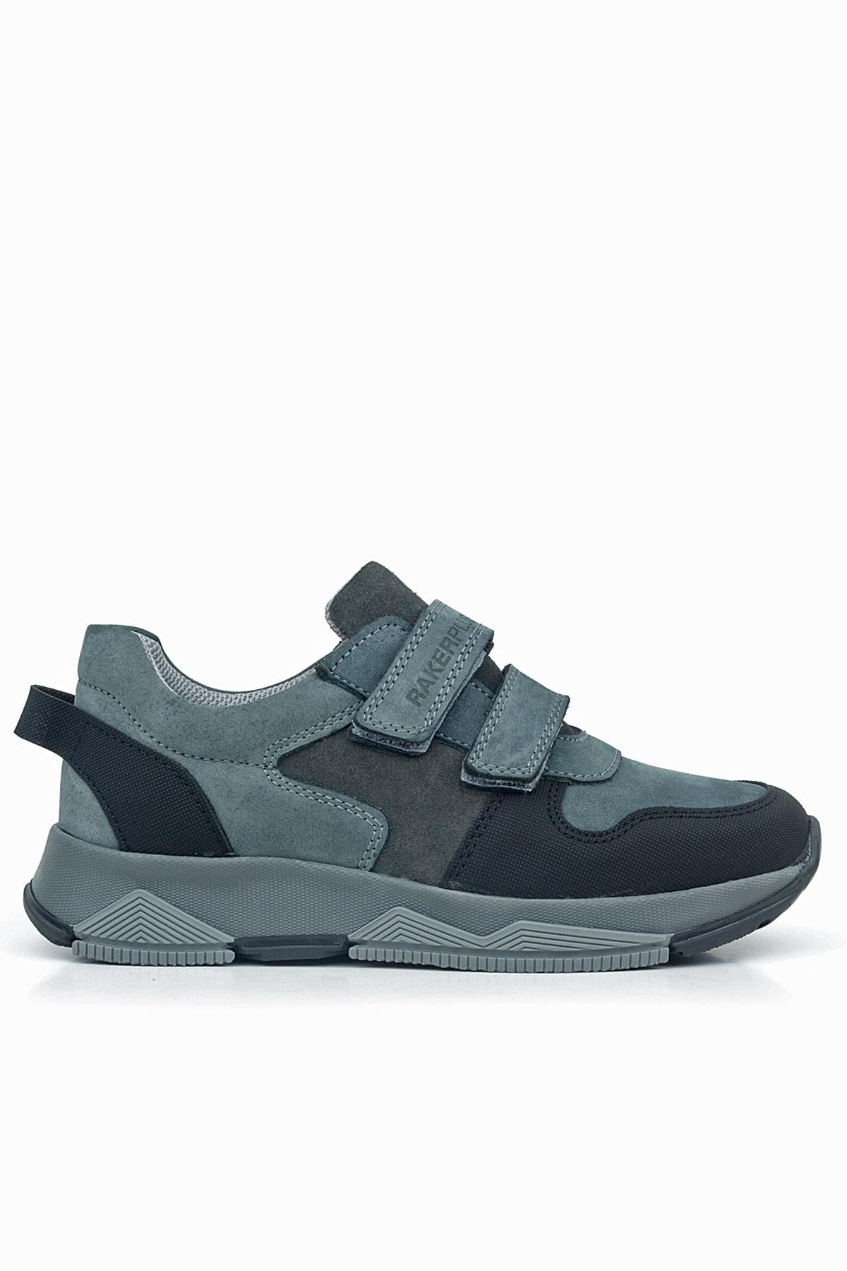 Rakerplus Hakiki Deri Koyu Gri Siyah Çocuk Cırtlı Sneakers Spor Ayakkabı