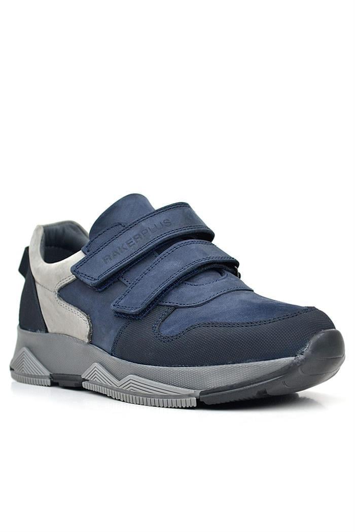 Rakerplus Hakiki Deri Lacivert Cırtlı Gri Tabanlı Çocuk Sneakers Spor Ayakkabı