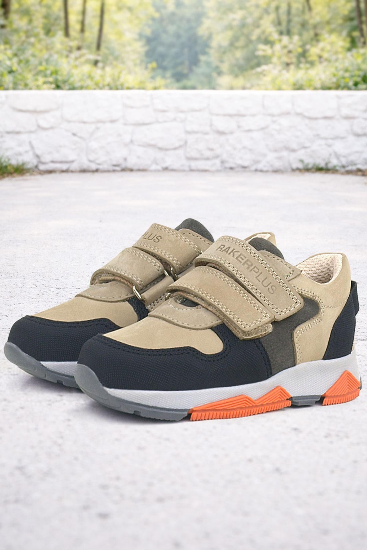 Rakerplus Hakiki Deri Kum Gri Siyah Çocuk Sneakers Spor Ayakkabı