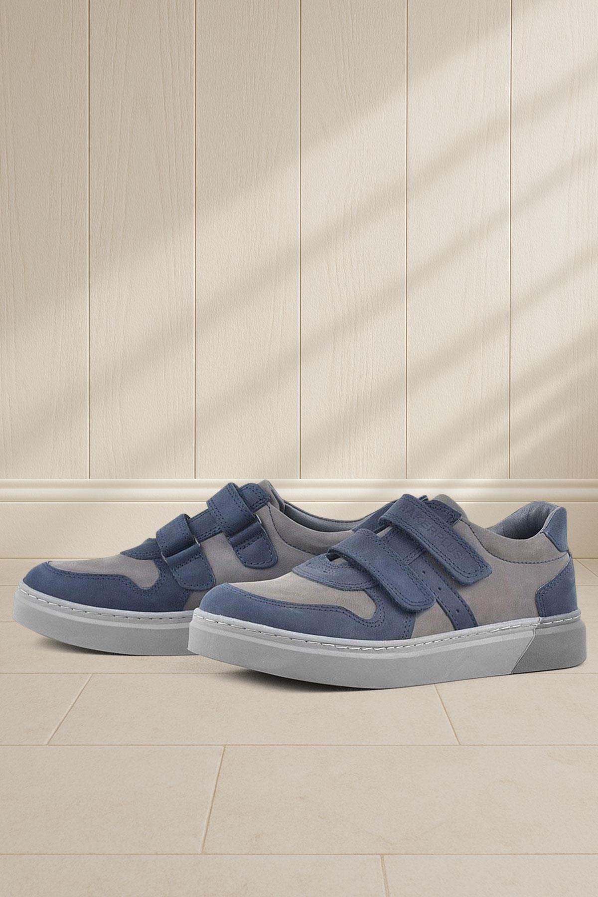 Rakerplus Hakiki Deri Lacivert Gri Cırtlı Erkek Çocuk Sneaker Ayakkabı