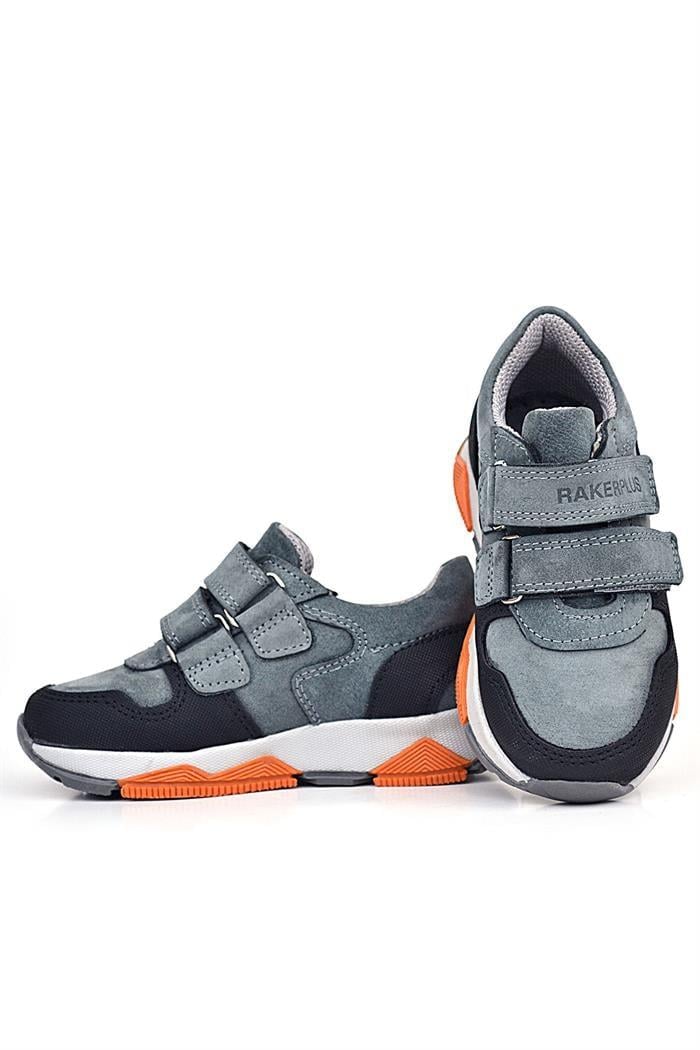 Rakerplus Hakiki Deri Koyu Gri Çocuk Cırtlı Sneakers Spor Ayakkabı