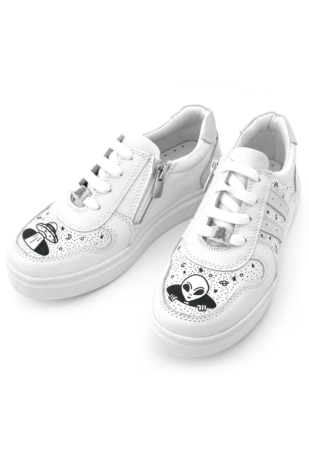 Rakerplus Tbons Özel Tasarım Hakiki Deri Beyaz Bağcıklı Fermuarlı Çocuk Ayakkabı