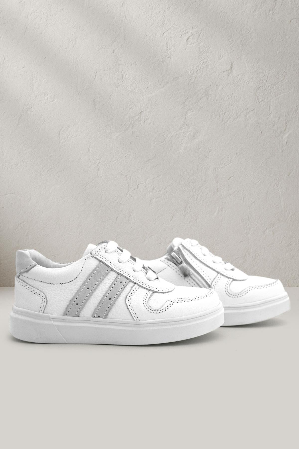 Rakerplus Hakiki Deri Beyaz Bağcıklı Fermuarlı Çocuk Sneaker Ayakkabı