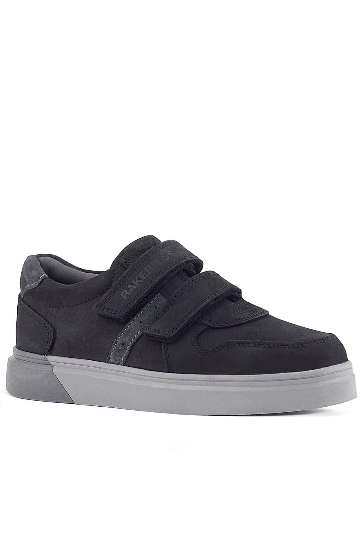 Rakerplus Hakiki Deri Siyah Nubuk Gri Cırtlı Erkek Çocuk Sneaker