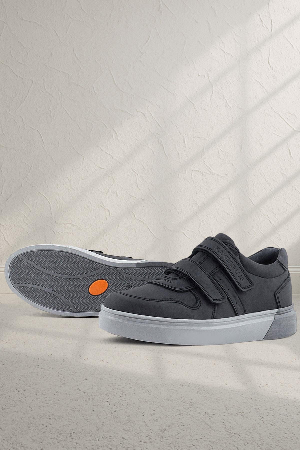 Rakerplus Hakiki Deri Siyah Cilt Gri Tabanlı Cırtlı Erkek Çocuk Sneaker