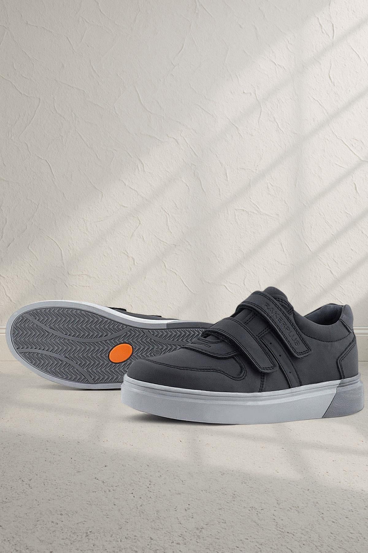 Rakerplus Hakiki Deri Siyah Cilt Gri Tabanlı Cırtlı Erkek Çocuk Sneaker