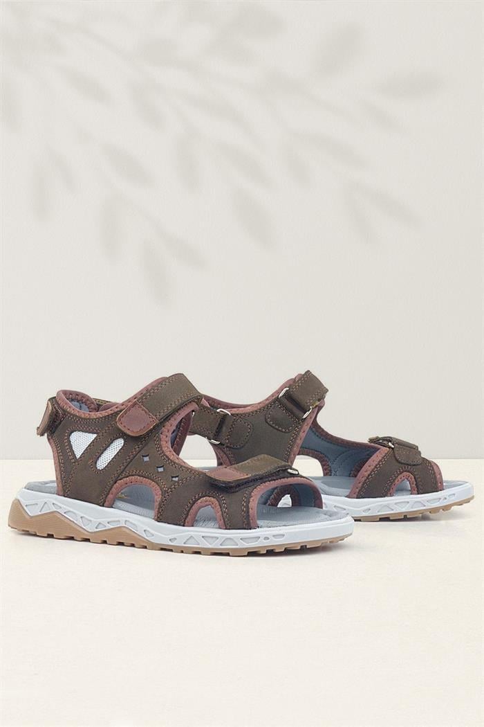 Rakerplus Hakiki Deri Koyu Kahverengi Cırt Cırtlı Çocuk Sandalet Ayakkabı
