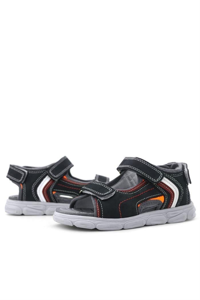 Rakerplus Hakiki Deri Lacivert Kırmızı Cırt Cırtlı Çocuk Sandalet