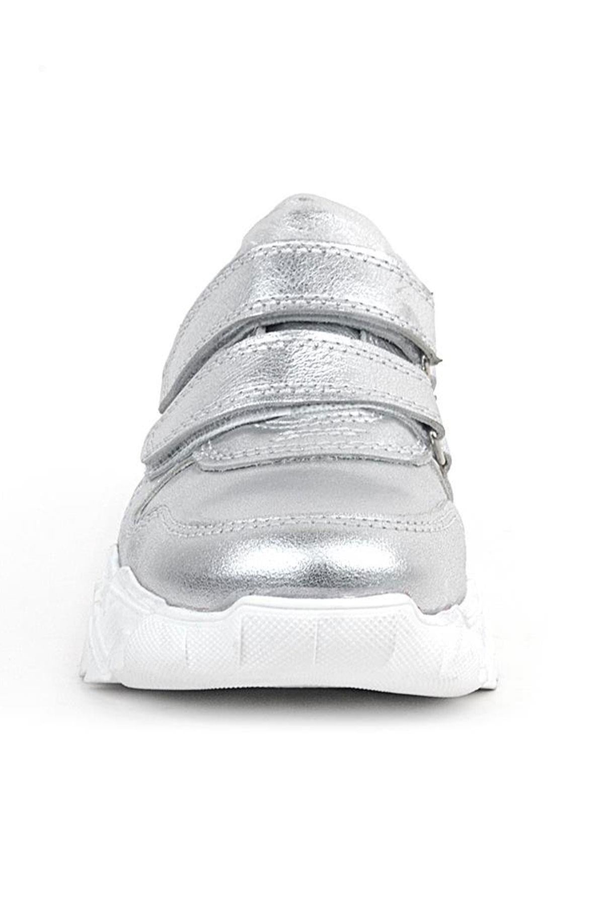 Rakerplus Hakiki Deri Gümüş Beyaz Tabanlı Kız Çocuk Sneakers Ayakkabı
