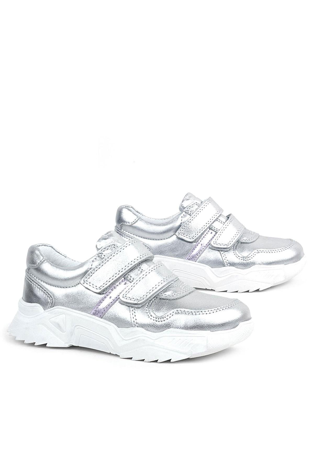 Rakerplus Hakiki Deri Gümüş Beyaz Tabanlı Kız Çocuk Sneakers Ayakkabı