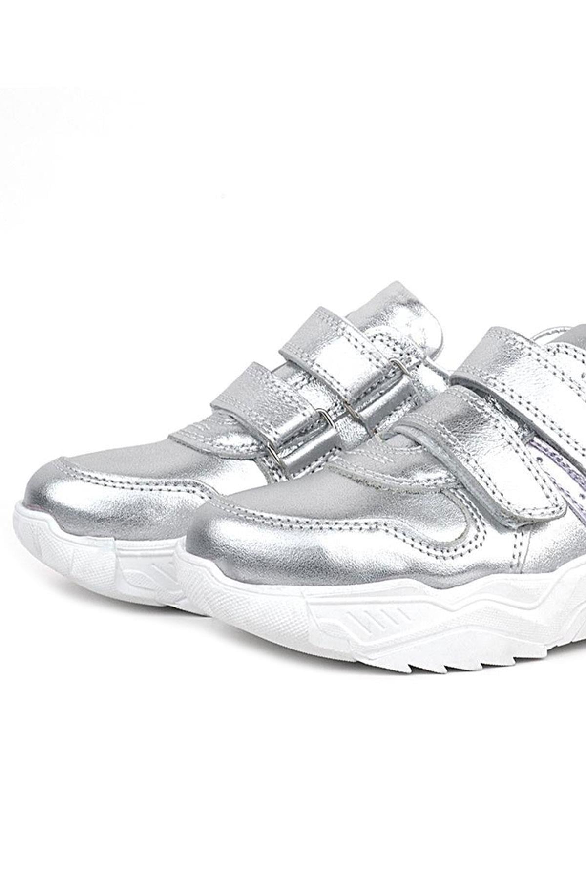 Rakerplus Hakiki Deri Gümüş Beyaz Tabanlı Kız Çocuk Sneakers Ayakkabı