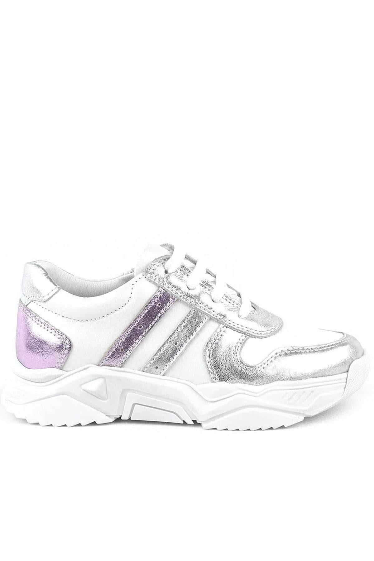 Rakerplus Hakiki Deri Gümüş Pembe Kalın Tabanlı Kız Çocuk Sneakers Ayakkabı