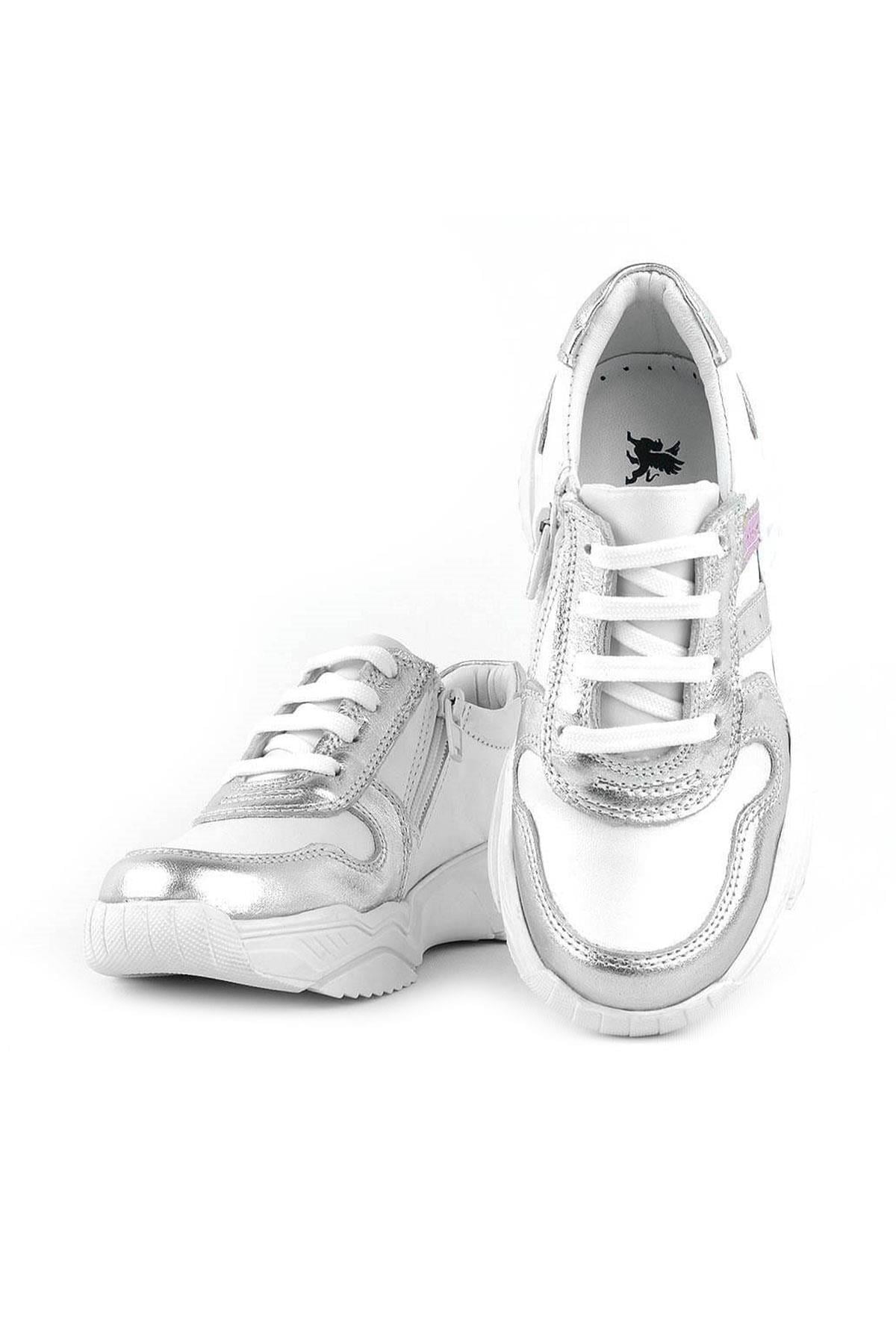 Rakerplus Hakiki Deri Gümüş Pembe Kalın Tabanlı Kız Çocuk Sneakers Ayakkabı