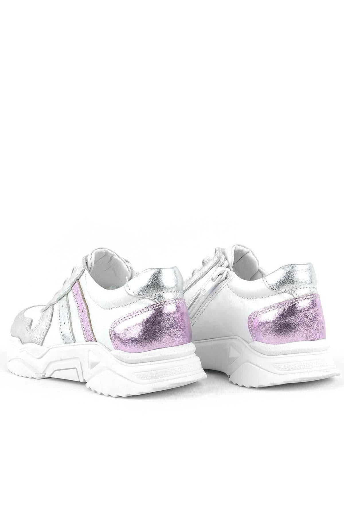 Rakerplus Hakiki Deri Gümüş Pembe Kalın Tabanlı Kız Çocuk Sneakers Ayakkabı