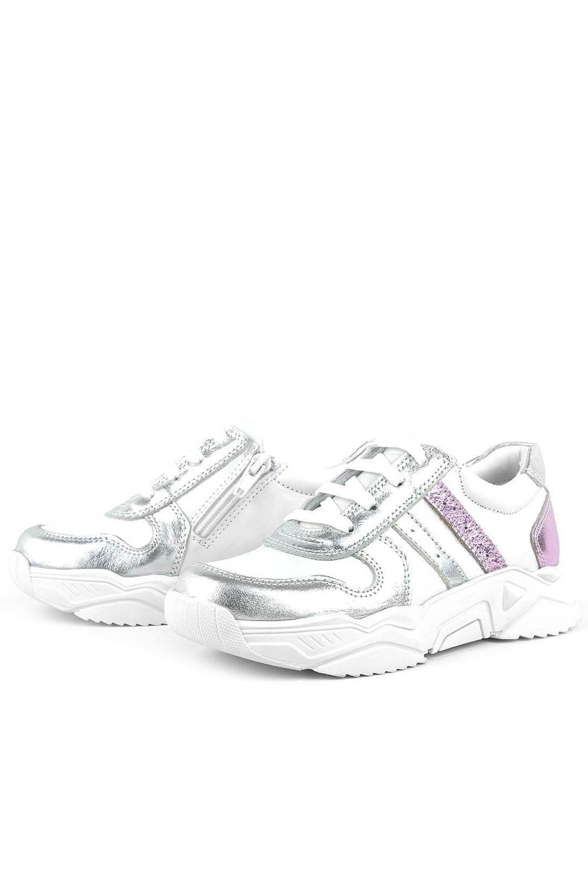 Rakerplus Hakiki Deri Gümüş Pembe Kalın Tabanlı Kız Çocuk Sneakers Ayakkabı