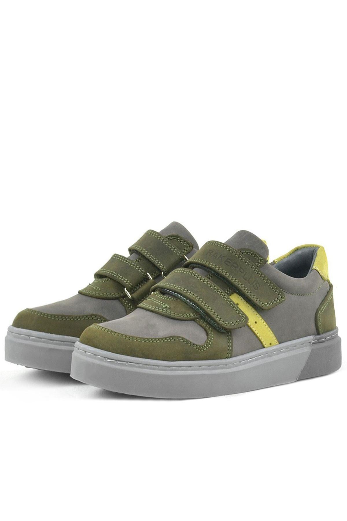 Rakerplus Hakiki Deri Haki Gri Cırtlı Erkek Çocuk Sneaker
