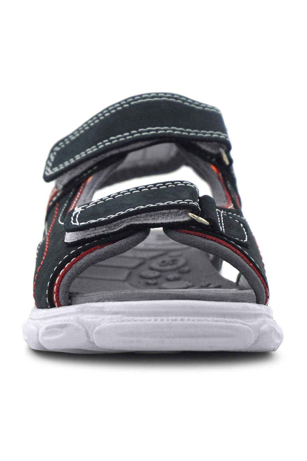 Rakerplus Hakiki Deri Lacivert Kırmızı Cırt Cırtlı Çocuk Sandalet