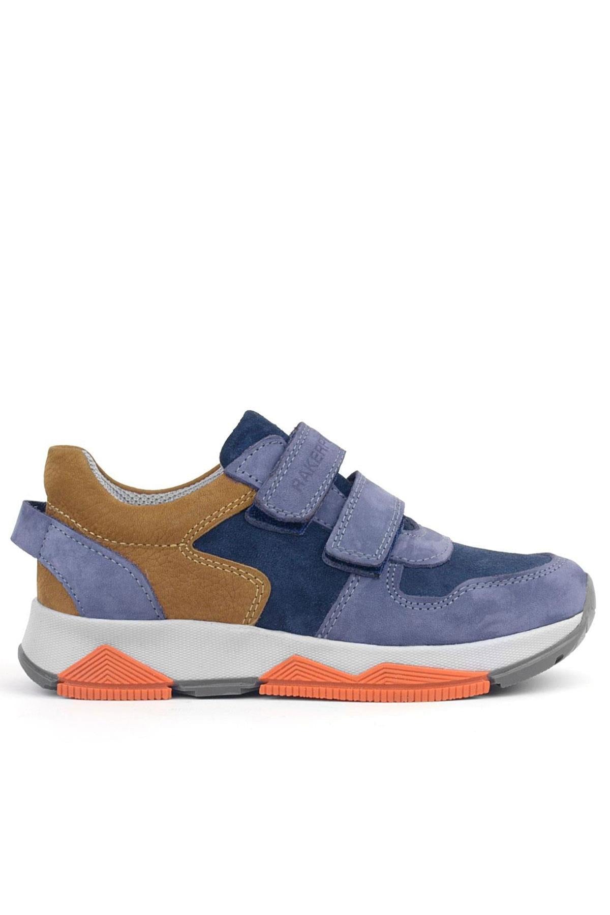 Rakerplus Hakiki Deri Mavi Süet Taba Çocuk Cırtlı Sneakers Spor Ayakkabı
