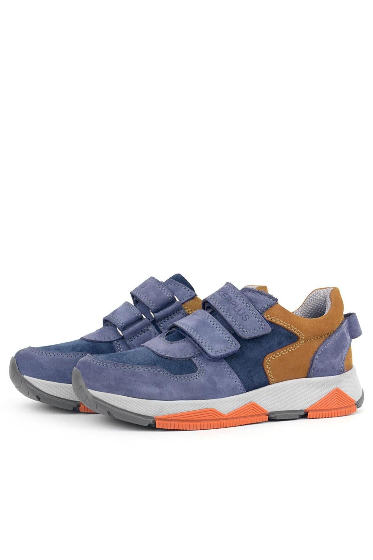 Rakerplus Hakiki Deri Mavi Süet Taba Çocuk Cırtlı Sneakers Spor Ayakkabı