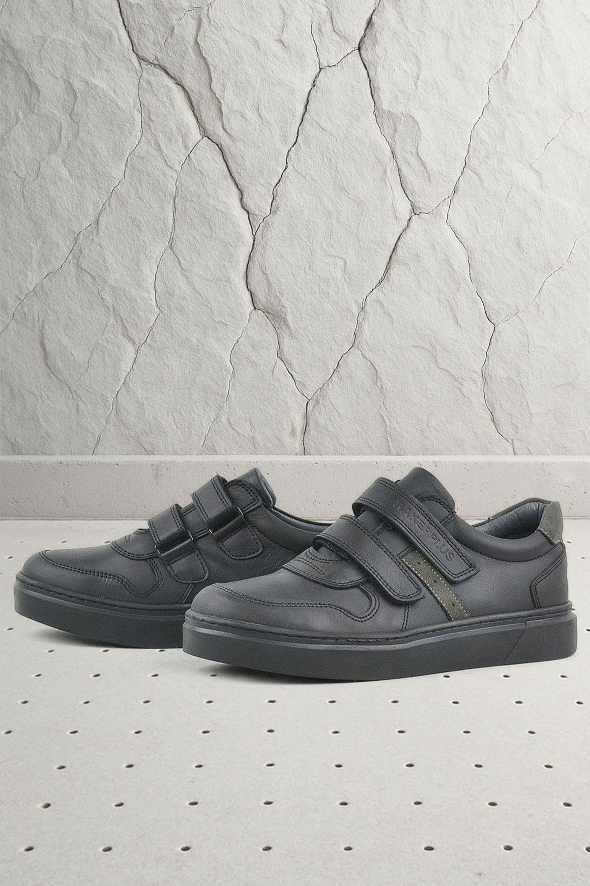 Rakerplus Hakiki Deri Siyah Cırtlı Erkek Çocuk Sneaker Ayakkabı
