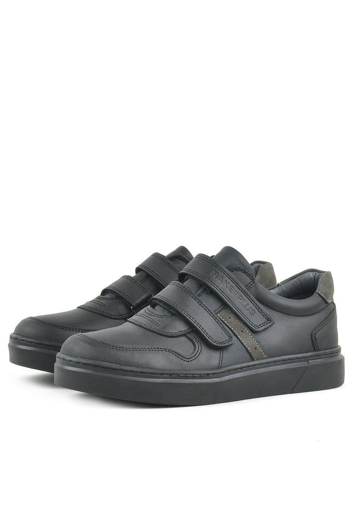 Rakerplus Hakiki Deri Siyah Cırtlı Erkek Çocuk Sneaker Ayakkabı