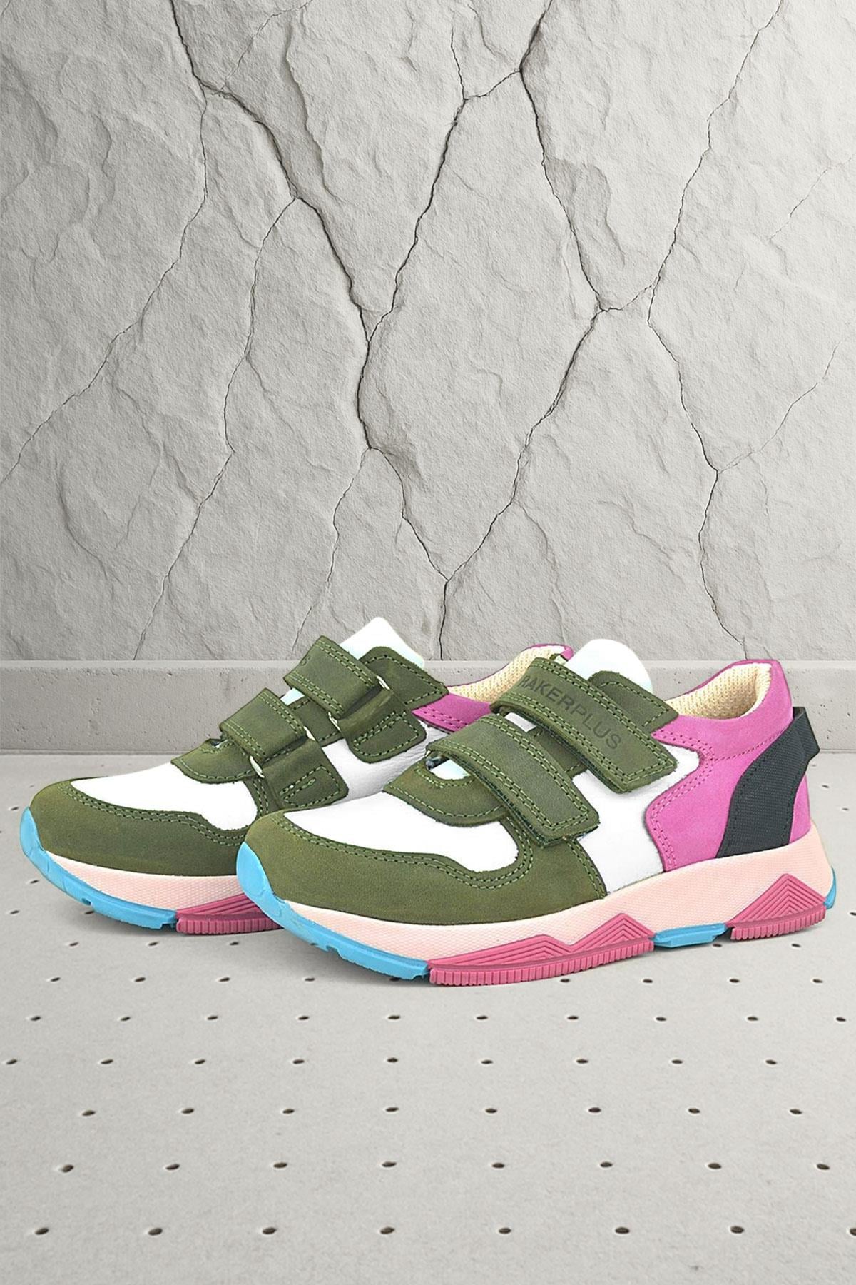 Rakerplus Hakiki Deri Yeşil Pembe Çocuk Sneakers Spor Ayakkabı
