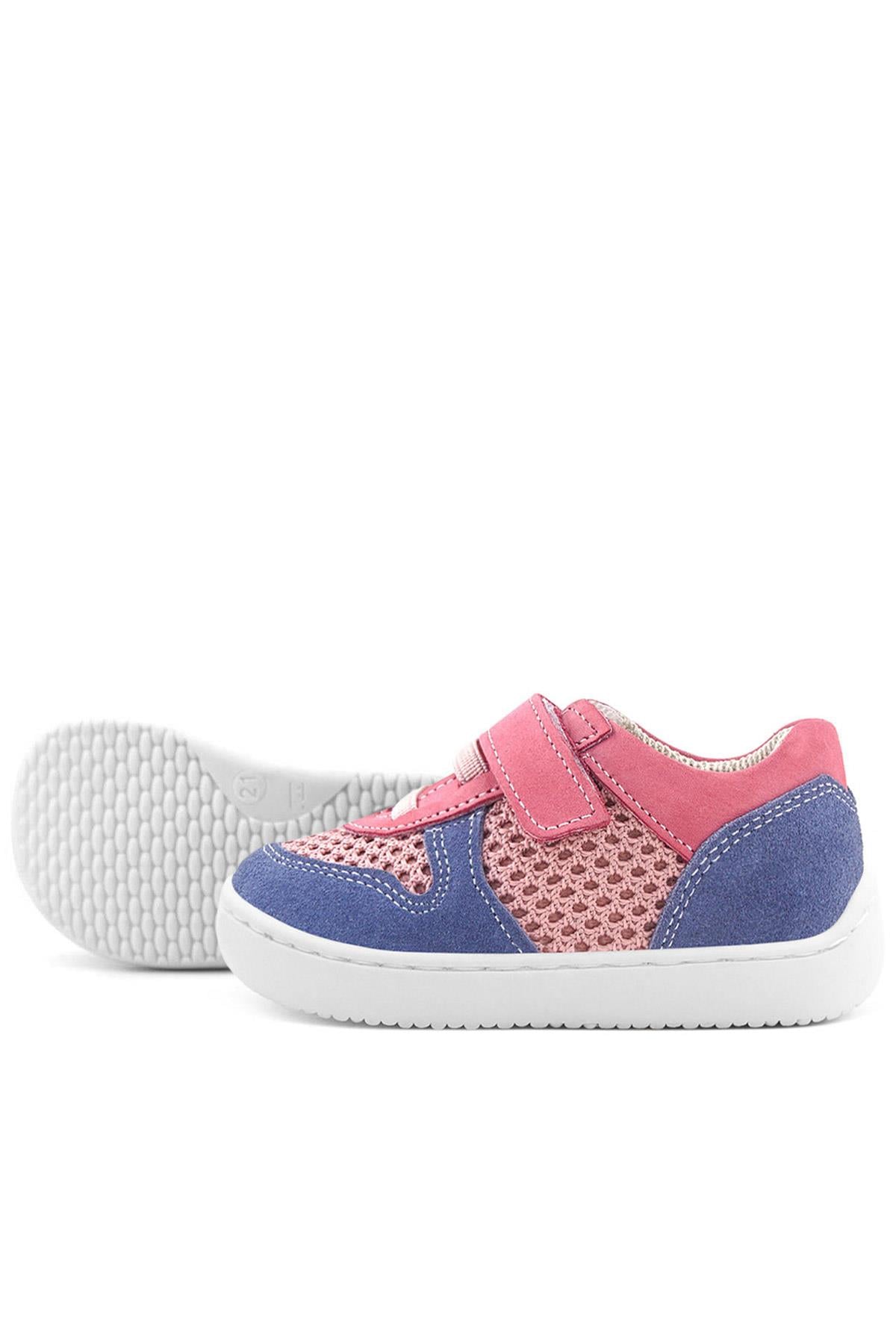 Rakerplus Bob Hakiki Deri Pembe Mavi Barefoot Cırtlı Lastikli Bebek Sneaker Ayakkabı