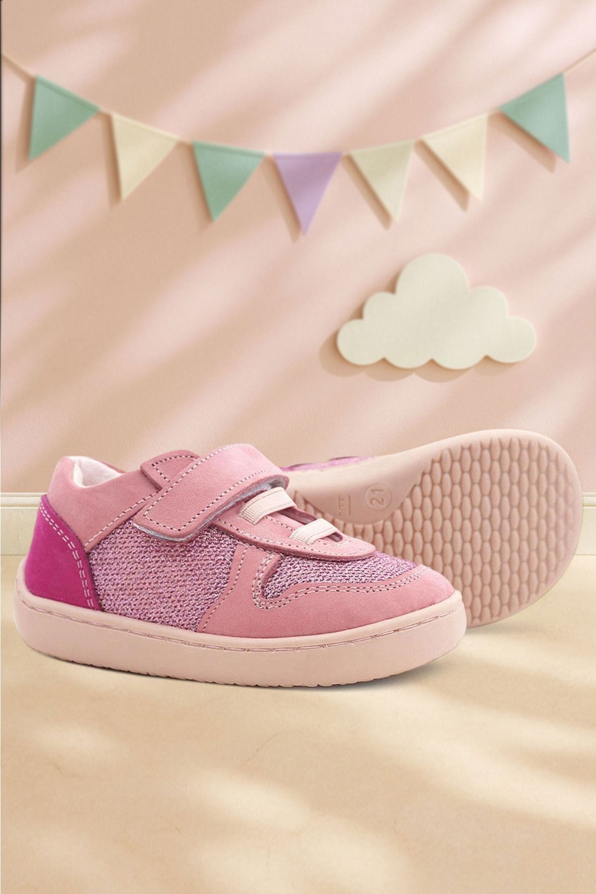 Rakerplus Bob Hakiki Deri Pembe Simli Barefoot Cırtlı Lastikli Bebek Sneaker Ayakkabı