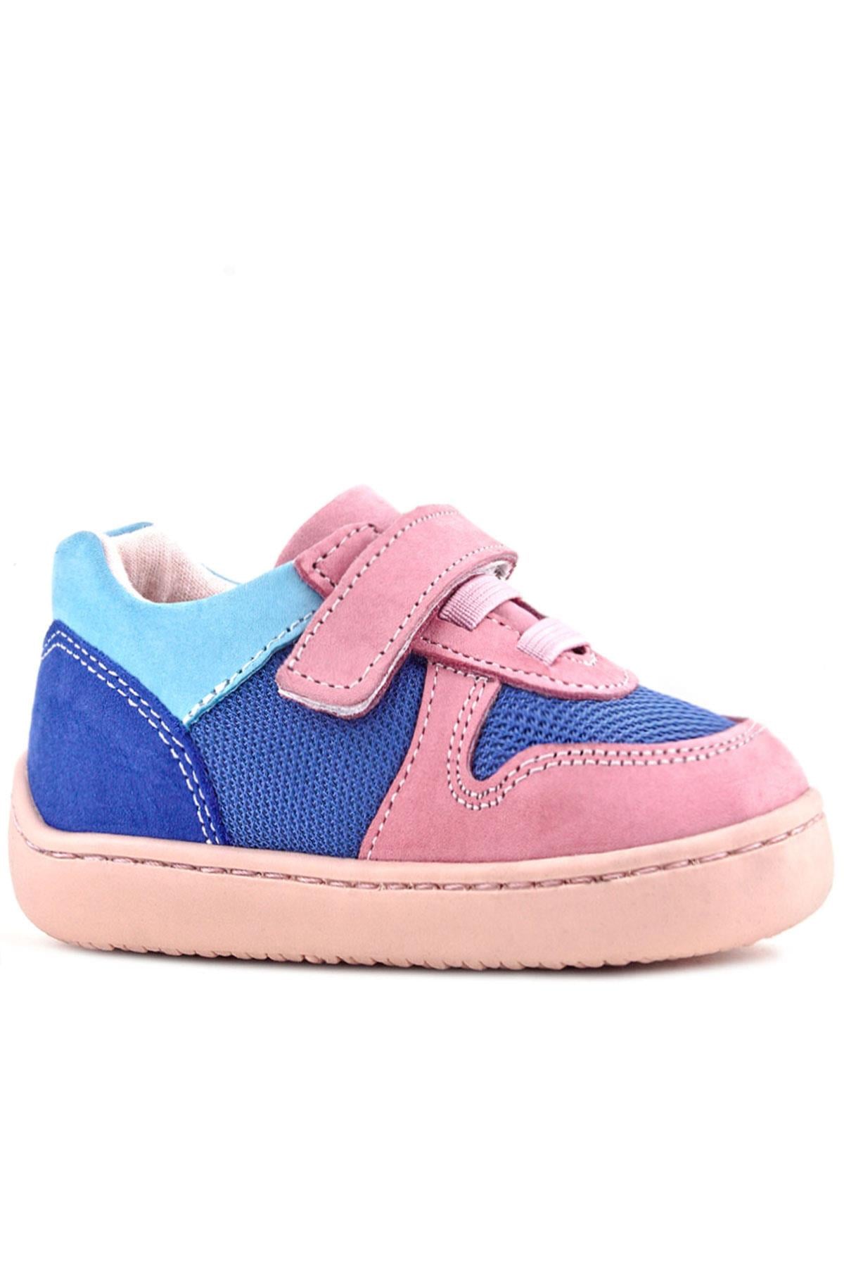 Rakerplus Bob Hakiki Deri Mavi Pembe Barefoot Cırtlı Lastikli Bebek Sneaker Ayakkabı