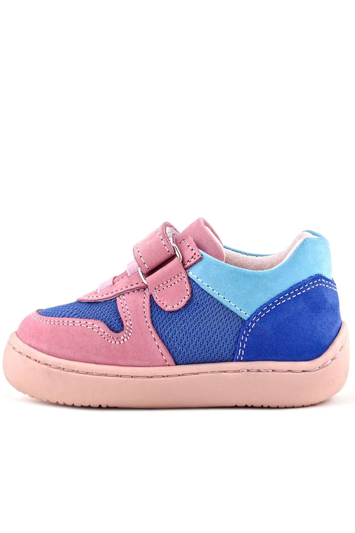 Rakerplus Bob Hakiki Deri Mavi Pembe Barefoot Cırtlı Lastikli Bebek Sneaker Ayakkabı