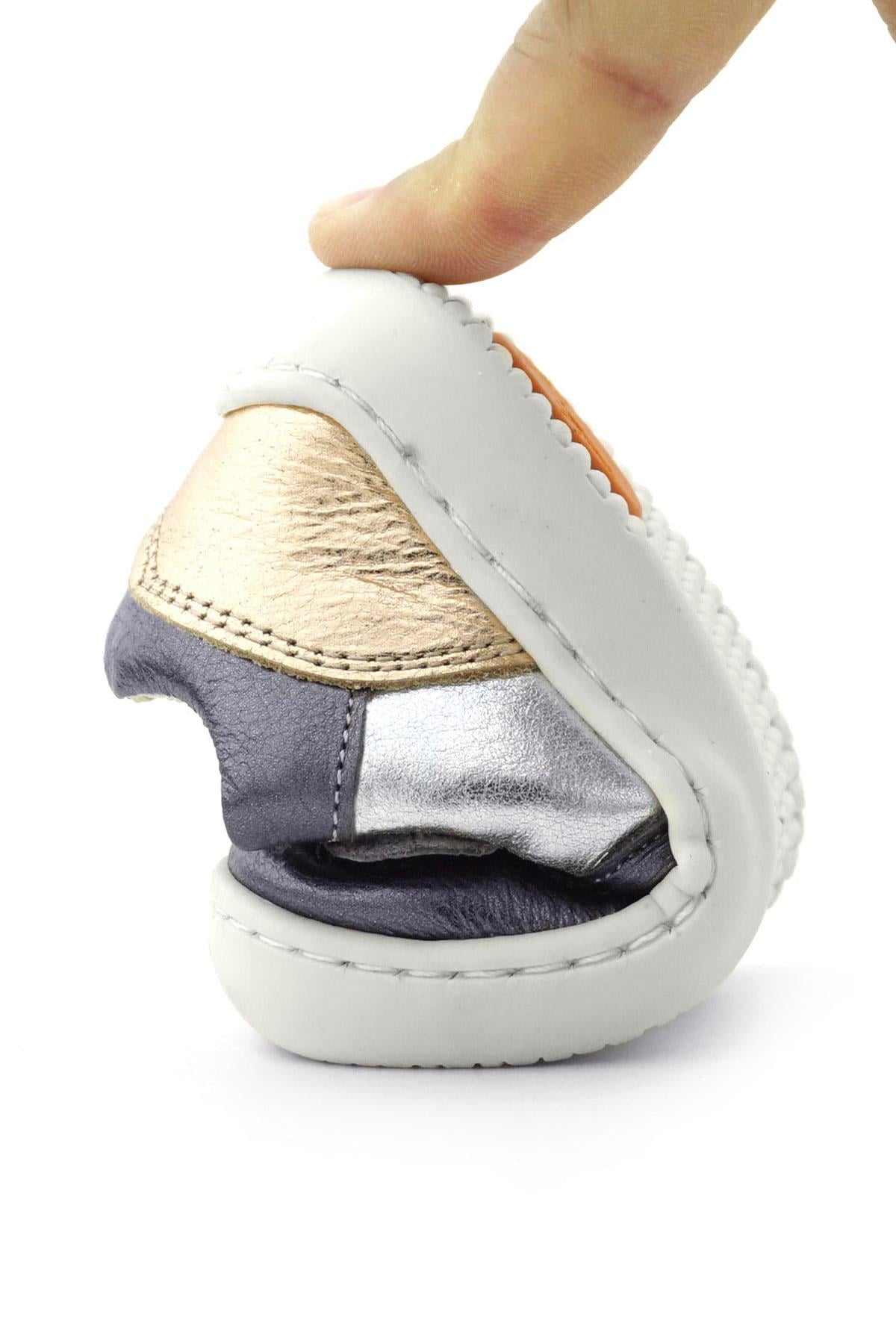 Rakerplus Bob Hakiki Deri Platin Gümüş Barefoot Cırtlı Lastikli Bebek Sneaker Ayakkabı
