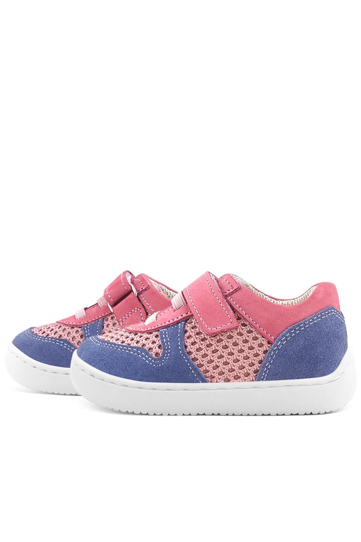 Rakerplus Bob Hakiki Deri Pembe Mavi Barefoot Cırtlı Lastikli Bebek Sneaker Ayakkabı