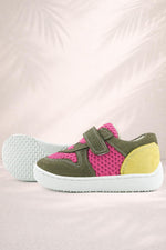 Rakerplus Bob Hakiki Deri Haki Yeşil Pembe Barefoot Cırtlı Lastikli Bebek Sneaker Ayakkabı