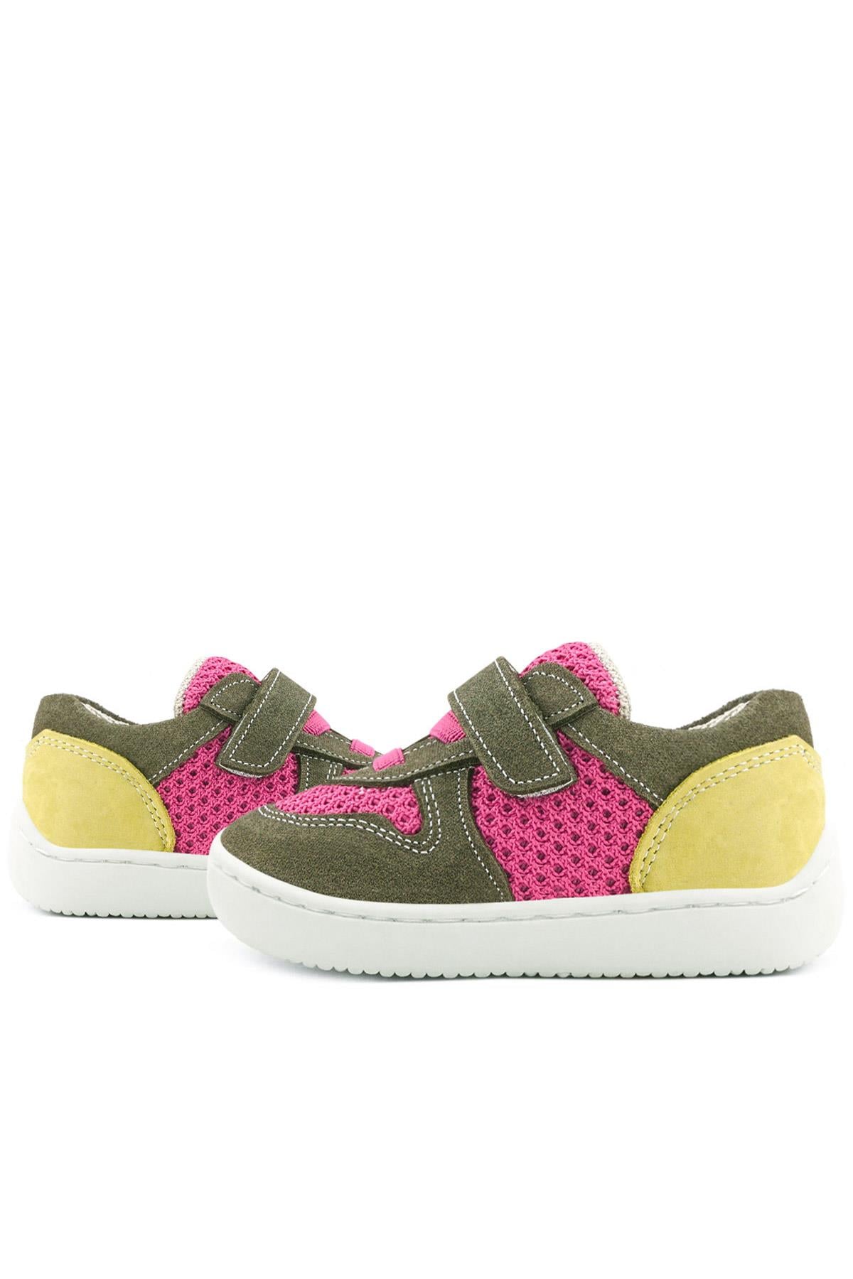 Rakerplus Bob Hakiki Deri Haki Yeşil Pembe Barefoot Cırtlı Lastikli Bebek Sneaker Ayakkabı