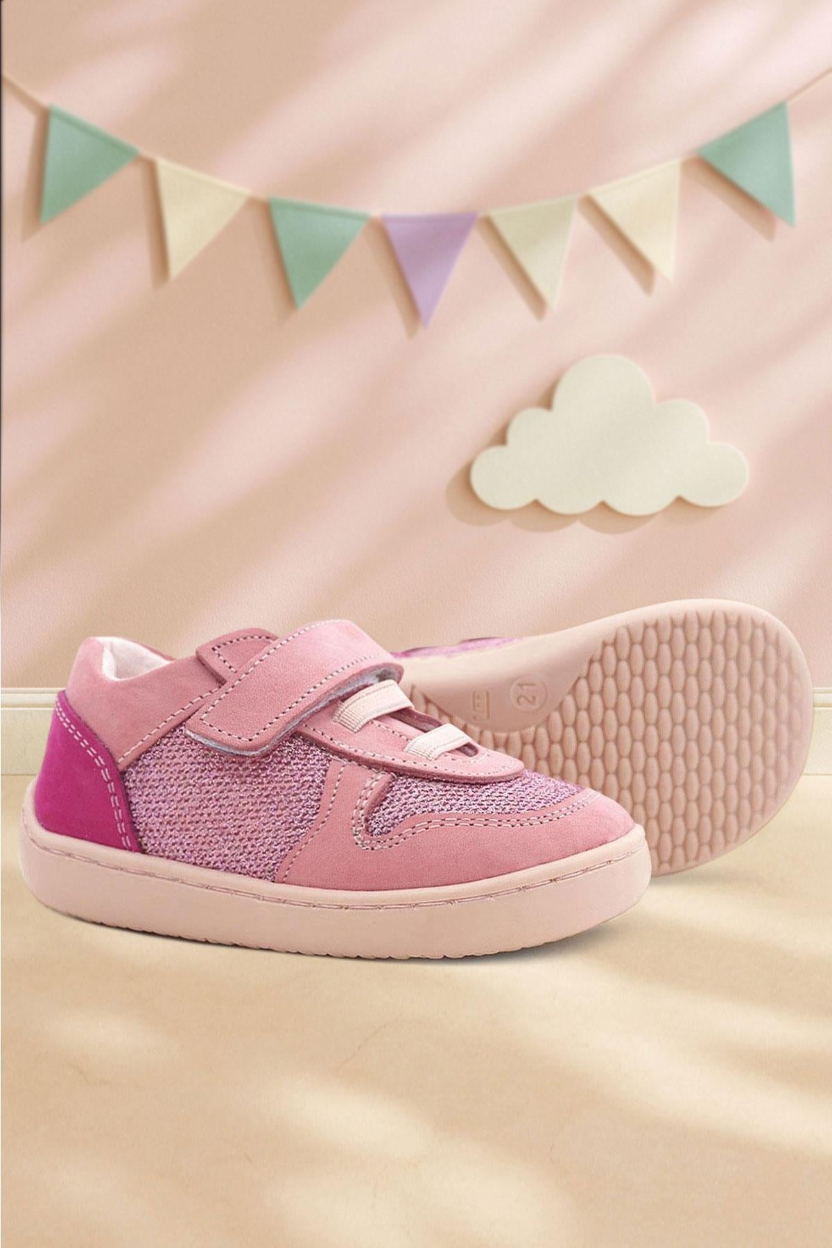 Rakerplus Bob Hakiki Deri Pembe Simli Barefoot Cırtlı Lastikli Bebek Sneaker Ayakkabı