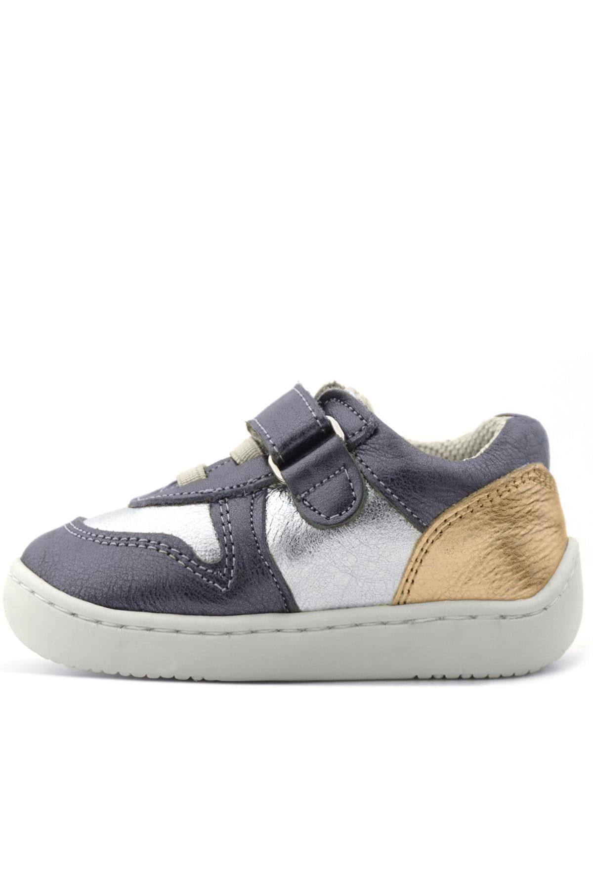 Rakerplus Bob Hakiki Deri Platin Gümüş Barefoot Cırtlı Lastikli Bebek Sneaker Ayakkabı