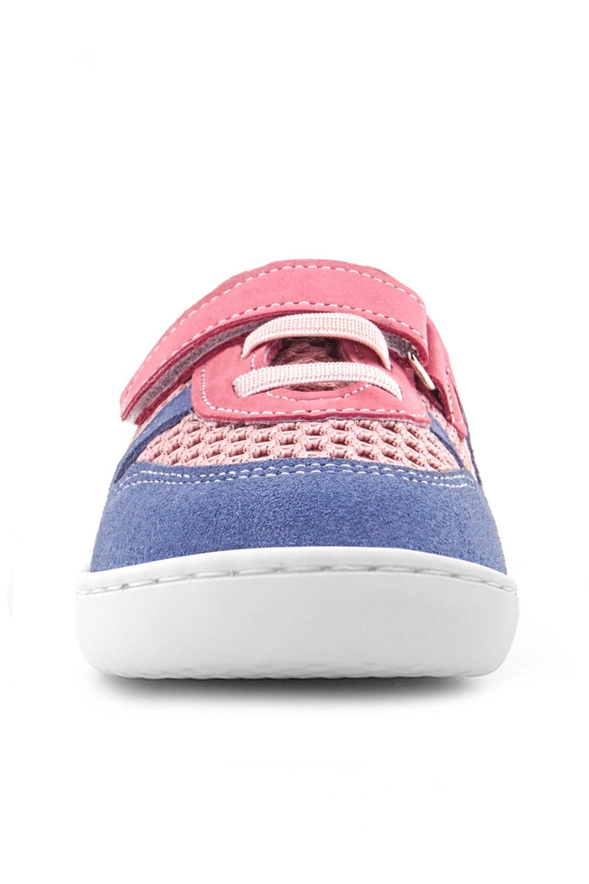 Rakerplus Bob Hakiki Deri Pembe Mavi Barefoot Cırtlı Lastikli Bebek Sneaker Ayakkabı