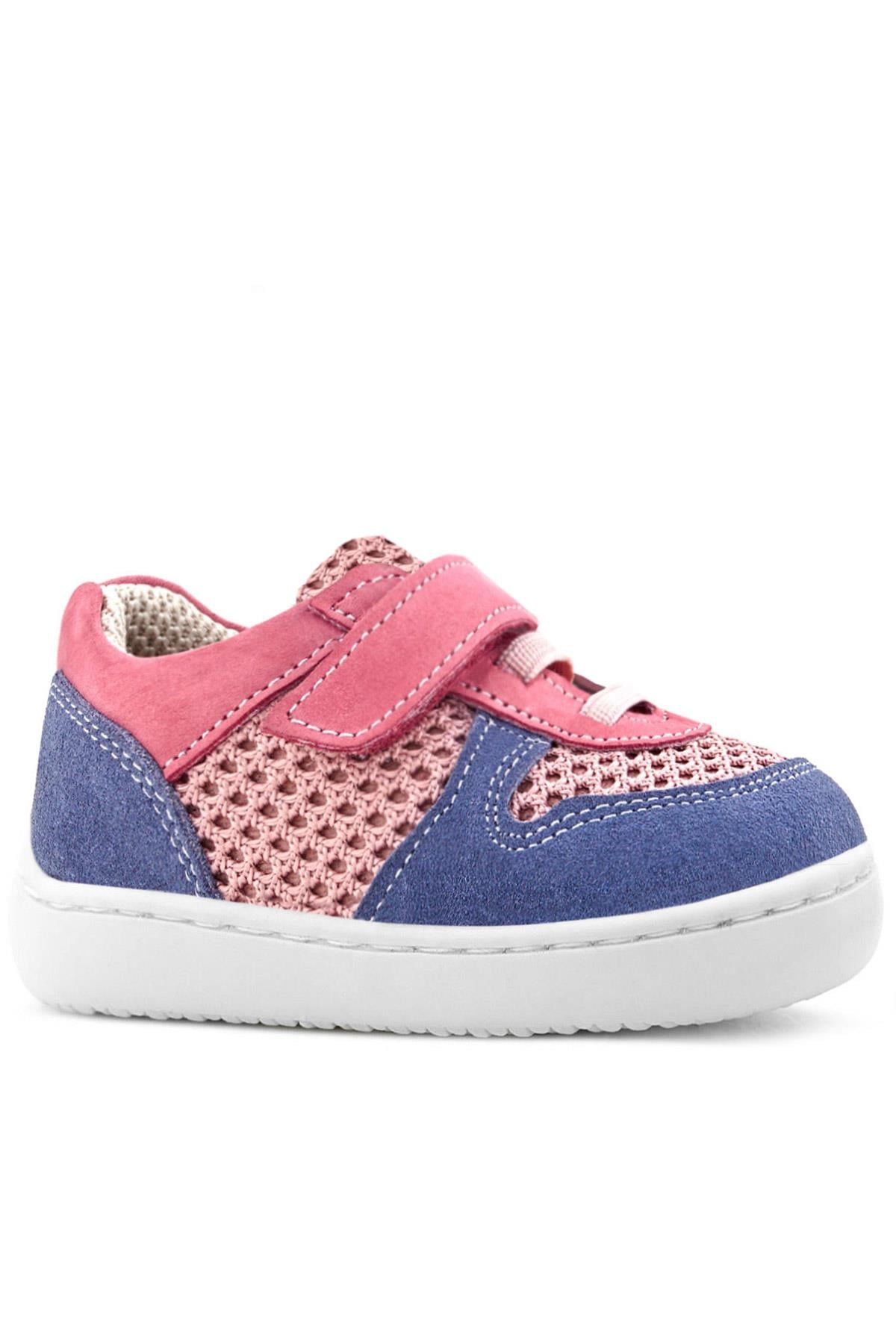 Rakerplus Bob Hakiki Deri Pembe Mavi Barefoot Cırtlı Lastikli Bebek Sneaker Ayakkabı
