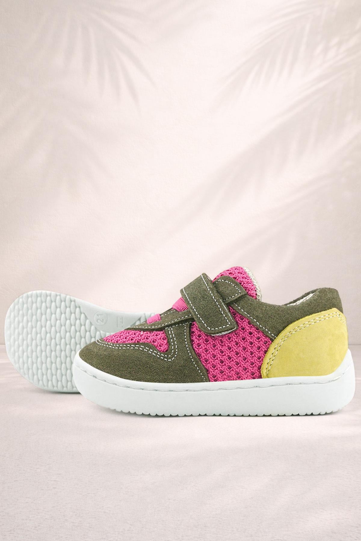 Rakerplus Bob Hakiki Deri Haki Yeşil Pembe Barefoot Cırtlı Lastikli Bebek Sneaker Ayakkabı