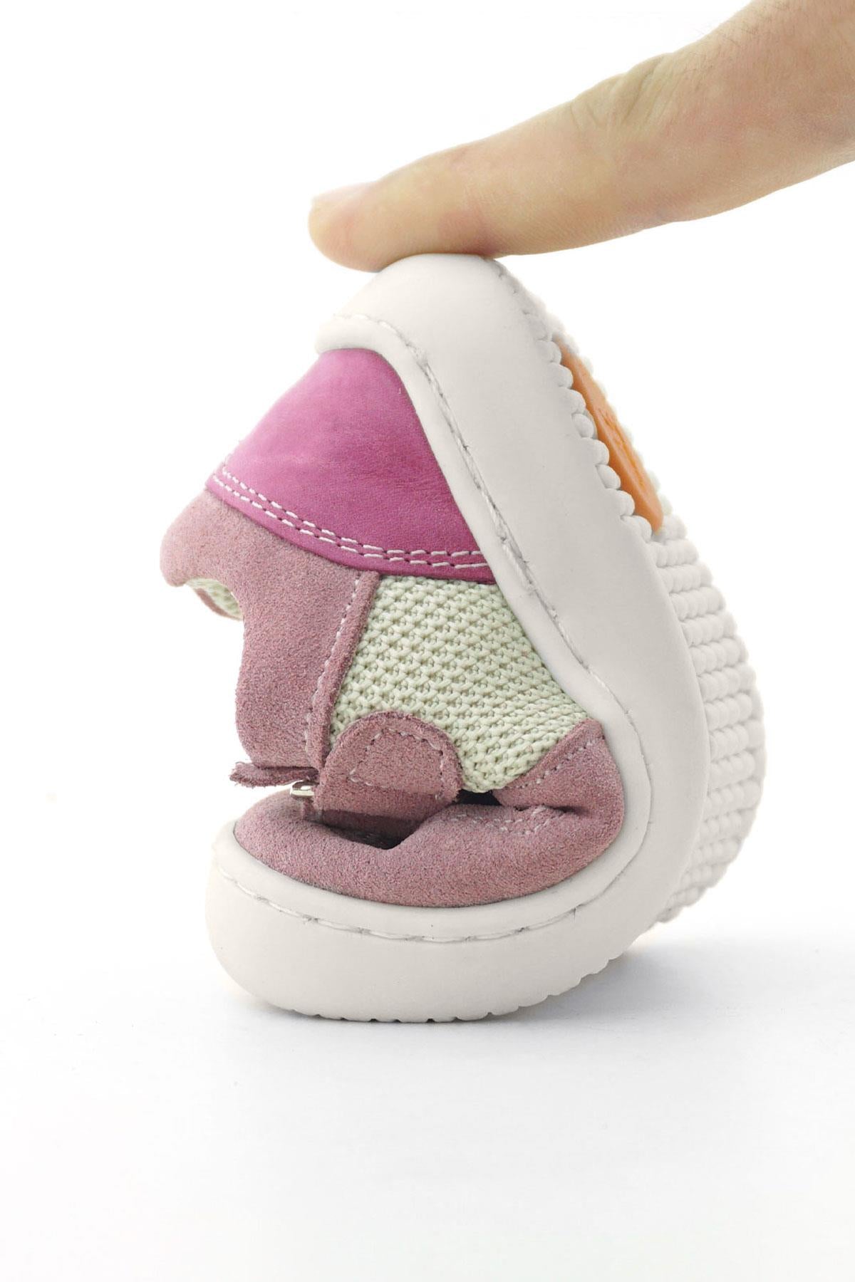 Rakerplus Bob Hakiki Deri Pudra Pembe Barefoot Cırtlı Lastikli Bebek Sneaker Ayakkabı