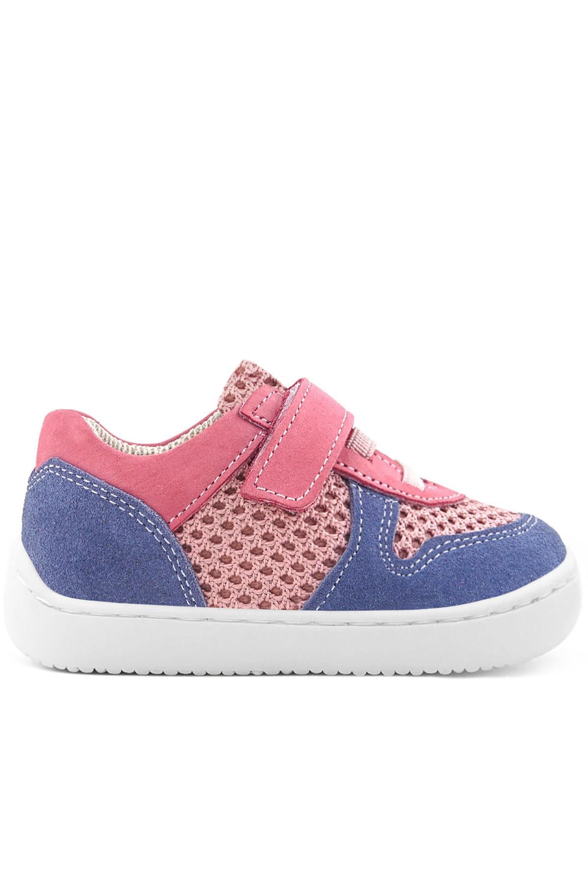 Rakerplus Bob Hakiki Deri Pembe Mavi Barefoot Cırtlı Lastikli Bebek Sneaker Ayakkabı