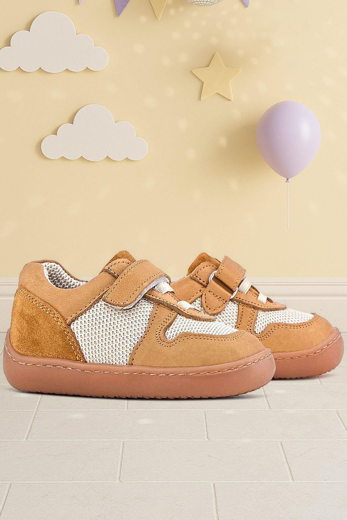 Rakerplus Bob Hakiki Deri Taba Krem Barefoot Cırtlı Lastikli Bebek Sneaker Ayakkabı