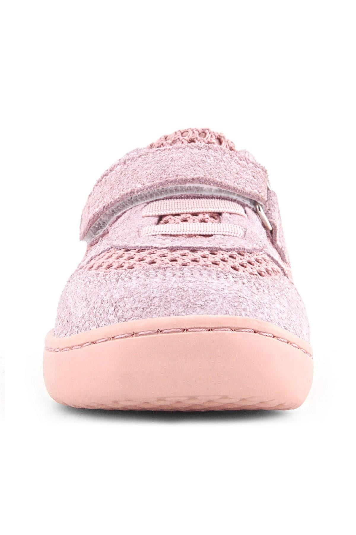 Rakerplus Bob Hakiki Deri Pudra Gri Barefoot Cırtlı Lastikli Bebek Sneaker Ayakkabı
