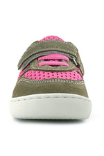 Rakerplus Bob Hakiki Deri Haki Yeşil Pembe Barefoot Cırtlı Lastikli Bebek Sneaker Ayakkabı