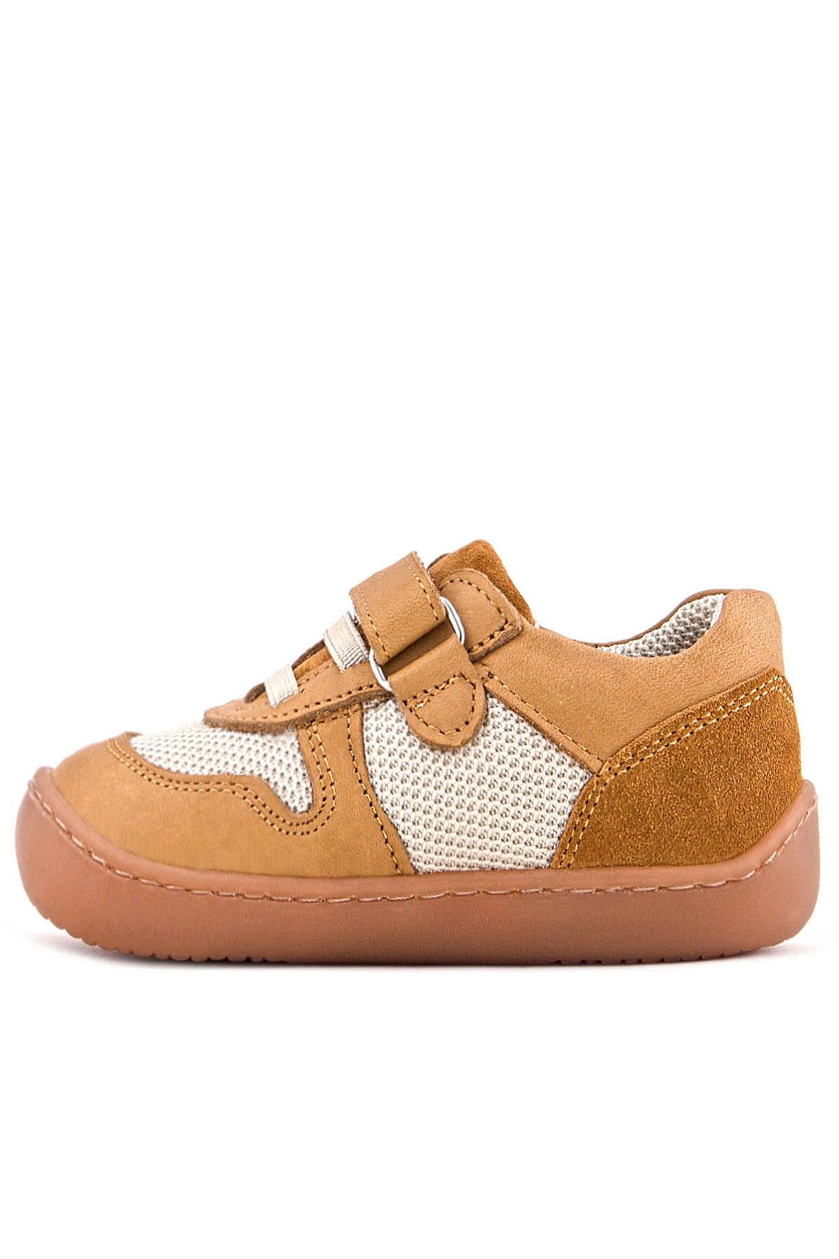Rakerplus Bob Hakiki Deri Taba Krem Barefoot Cırtlı Lastikli Bebek Sneaker Ayakkabı
