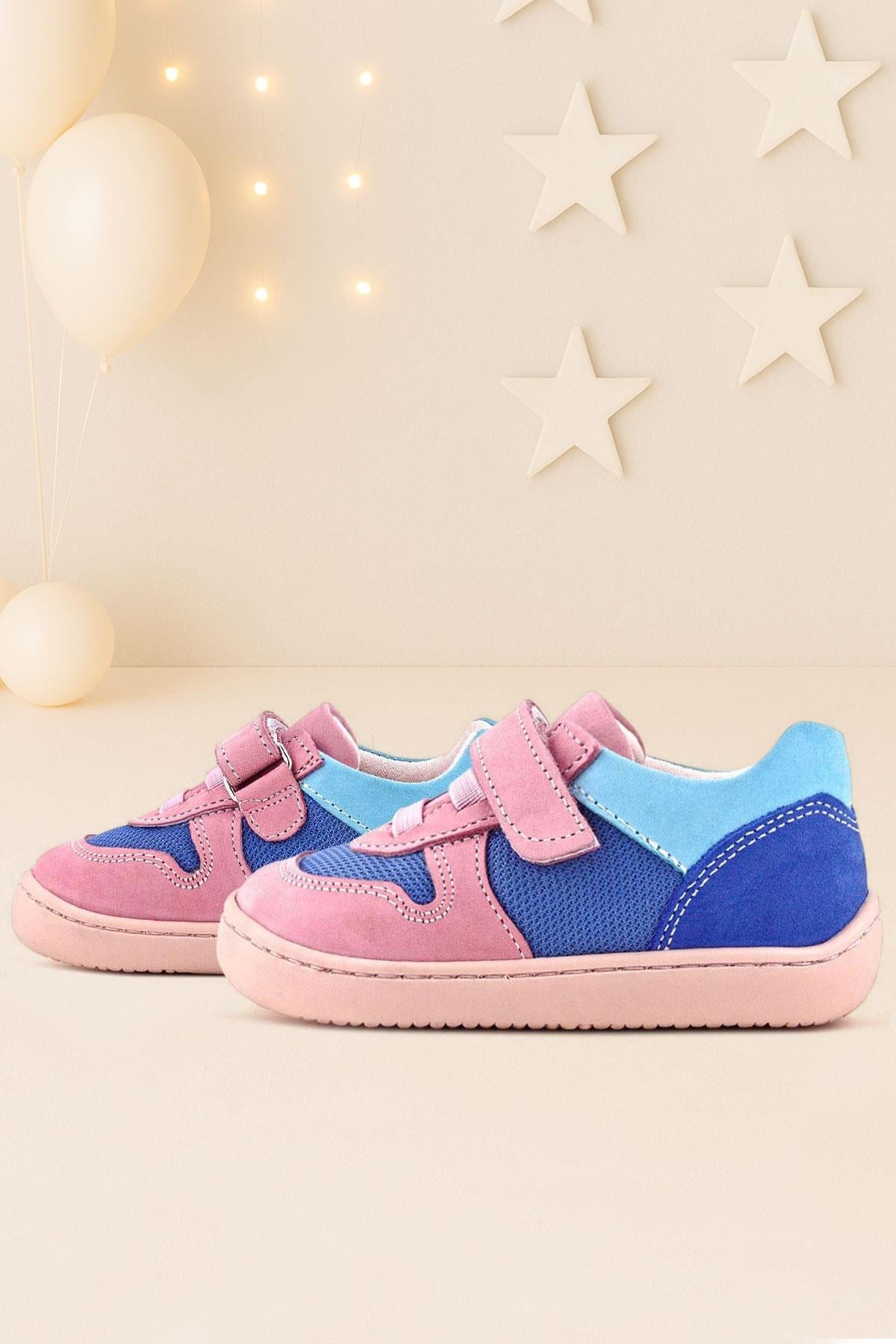 Rakerplus Bob Hakiki Deri Mavi Pembe Barefoot Cırtlı Lastikli Bebek Sneaker Ayakkabı
