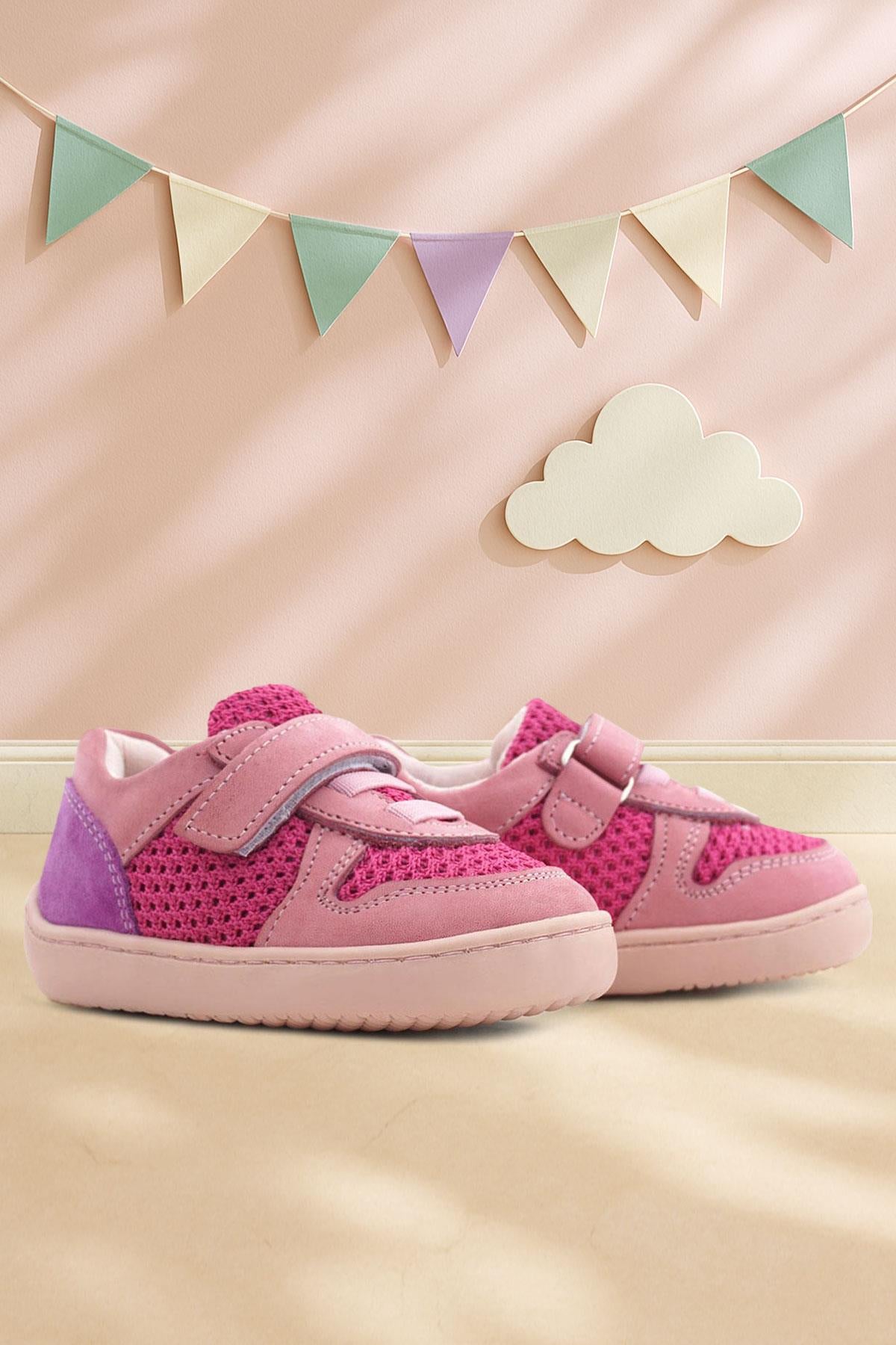 Rakerplus Bob Hakiki Deri Pembe Mor Barefoot Cırtlı Lastikli Bebek Sneaker Ayakkabı