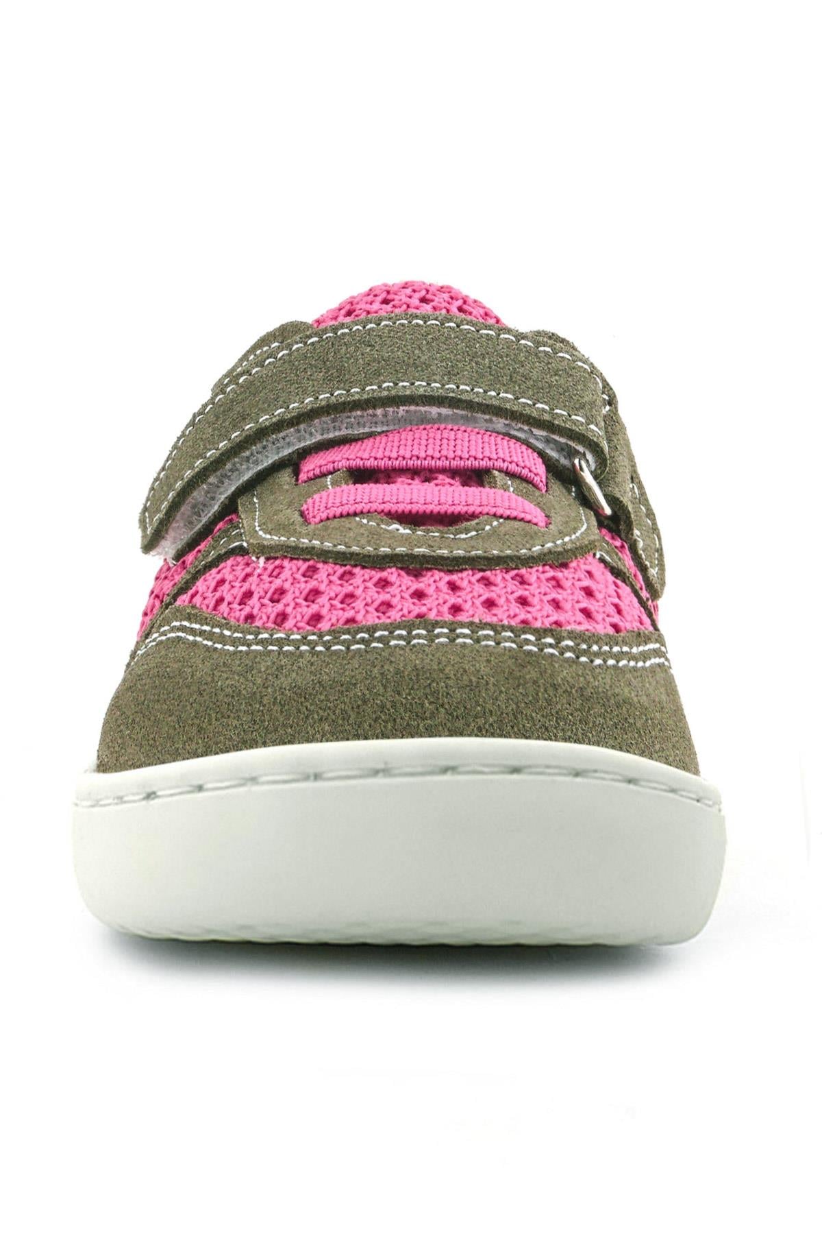 Rakerplus Bob Hakiki Deri Haki Yeşil Pembe Barefoot Cırtlı Lastikli Bebek Sneaker Ayakkabı